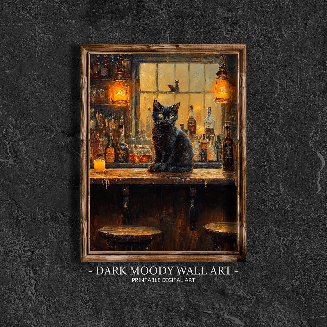 Black Cat Old Tavern Bar Counter Scene Moody Candlelit Wall Art