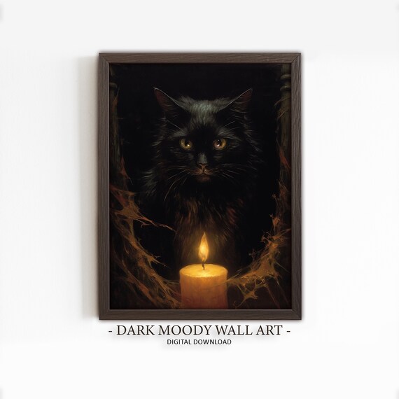 Black Cat in Darkness Behind Lit Candle Glowing Eyes Gothic Halloween Poster