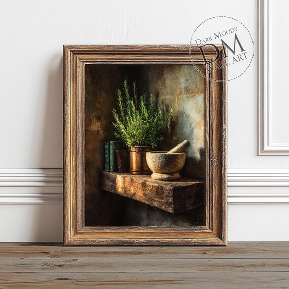 Rustic Rosemary Mortar Wall Art Dark Academia Kitchen Print