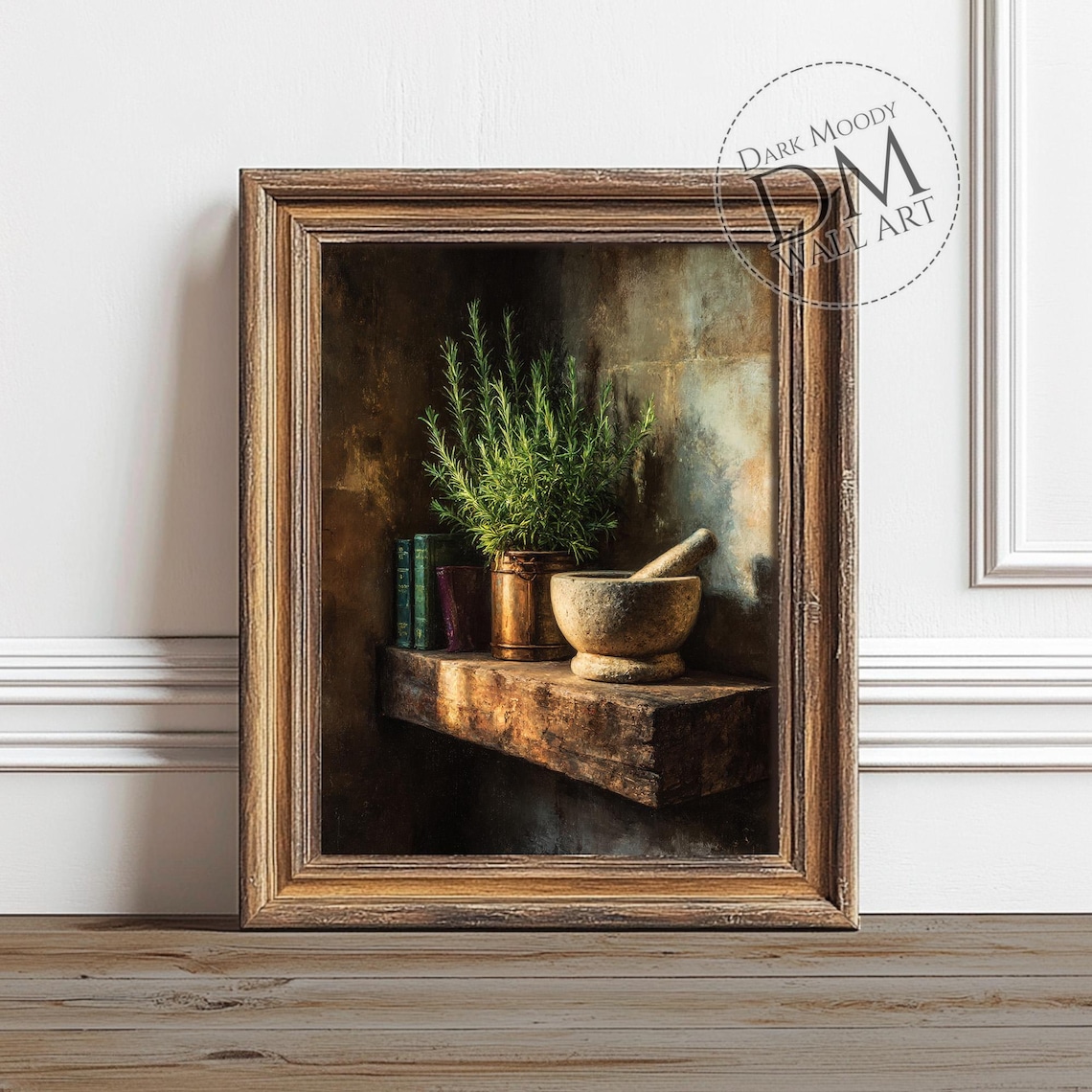 Dark Moody Rosemary Mortar Pestle Kitchen Shelf Rustic Still Life Art Poster