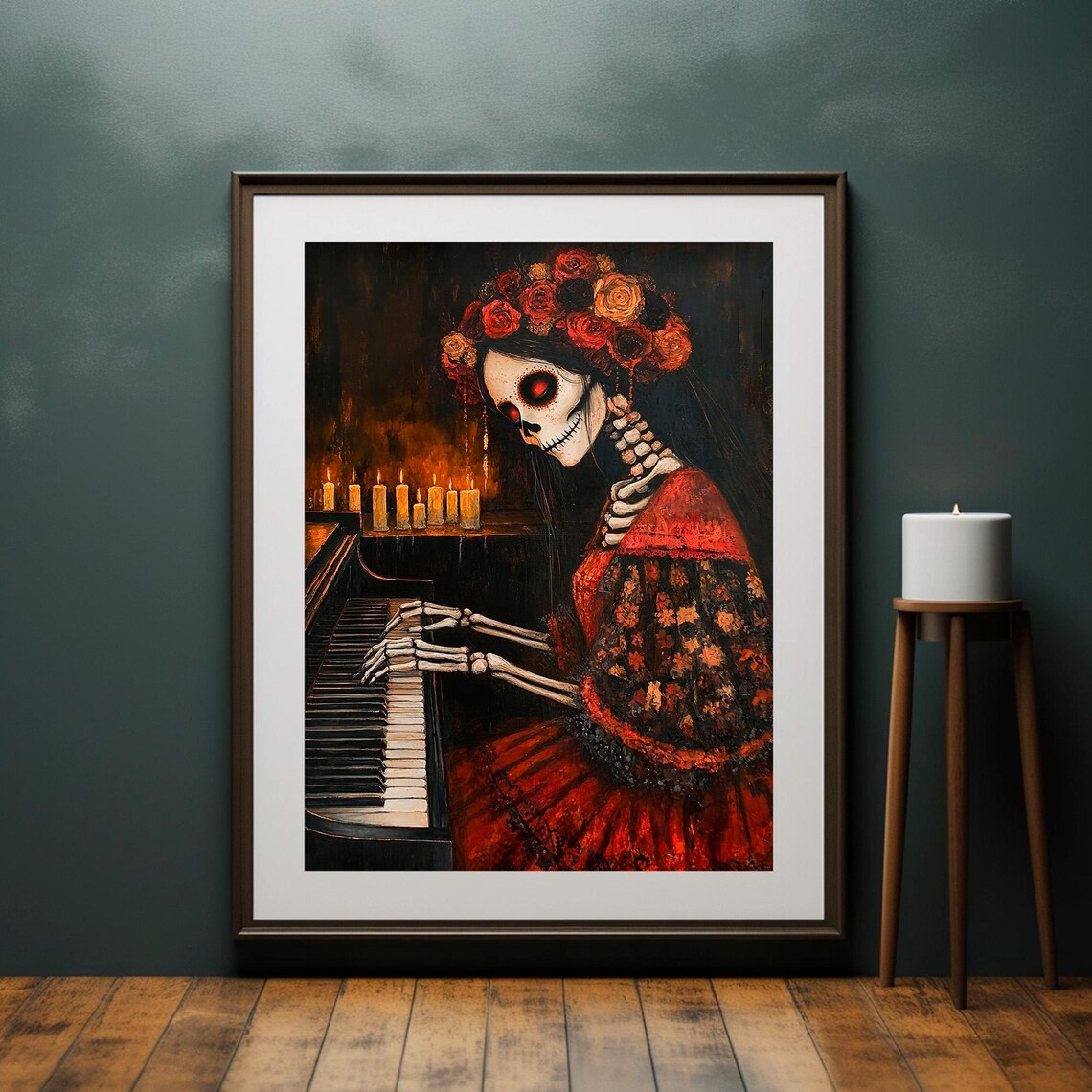 Day of the Dead Catrina Playing Piano Candlelight Sugar Skull Portrait Poster - Image 2