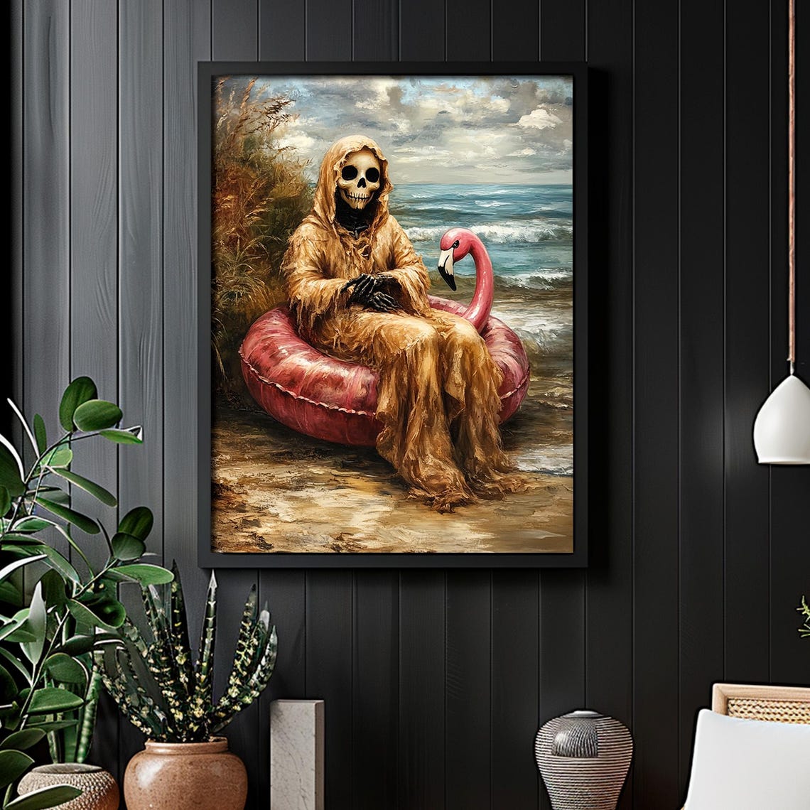 Grim Reaper Skeleton Pink Flamingo Float Beach Halloween Wall Art - Image 4