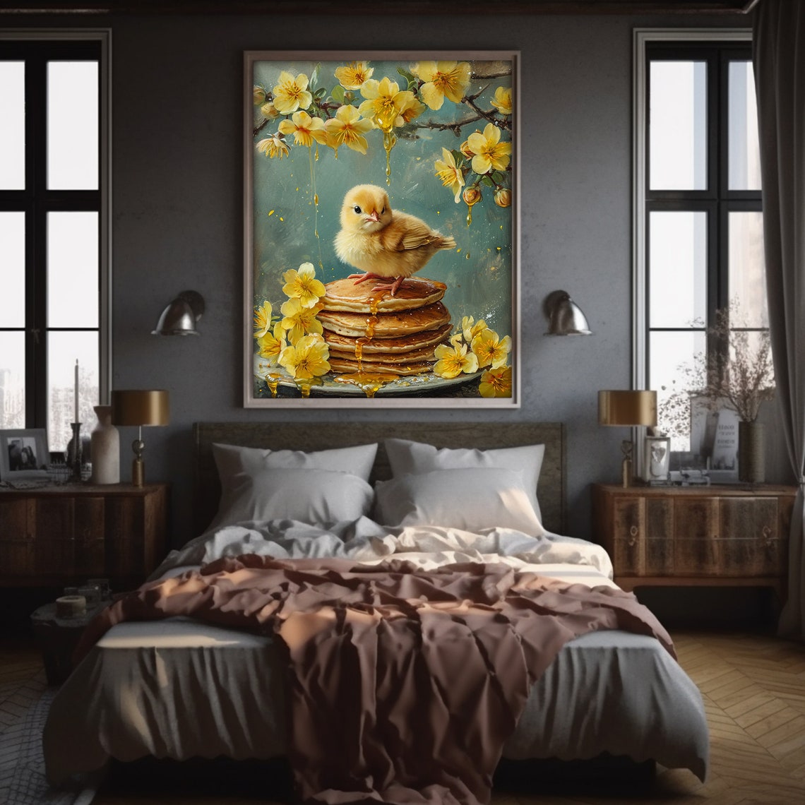 Cute Chick Standing on a Pancake Stack with Honey Spring Art Poster - Image 3
