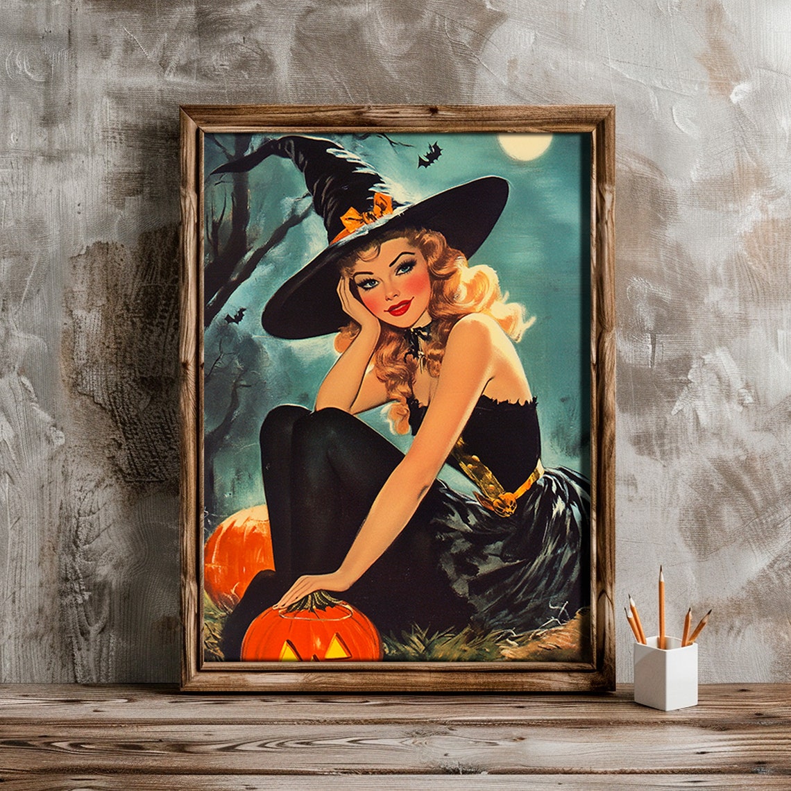 Retro Pinup Witch With Pumpkin Moonlit Halloween Painting Print - Image 2