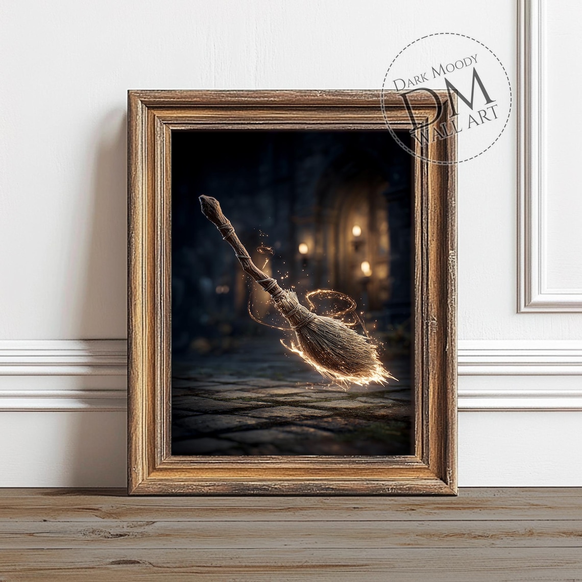 Magical Witch Broom Glowing on Cobblestone Street at Night Halloween Poster