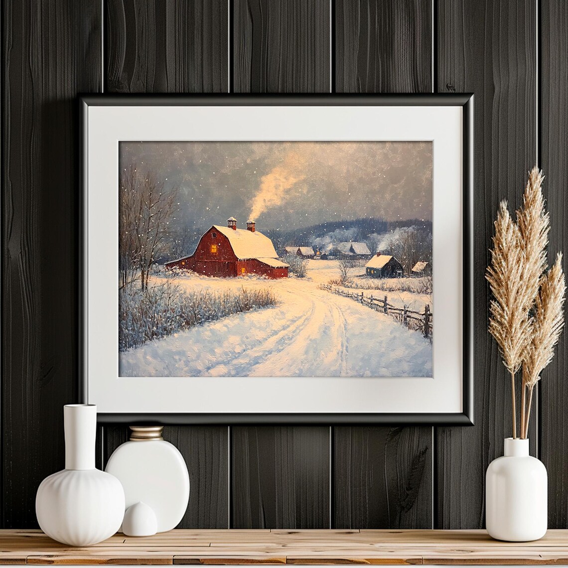 Winter Village Red Barn Art Print, Rustic Scene - Image 4