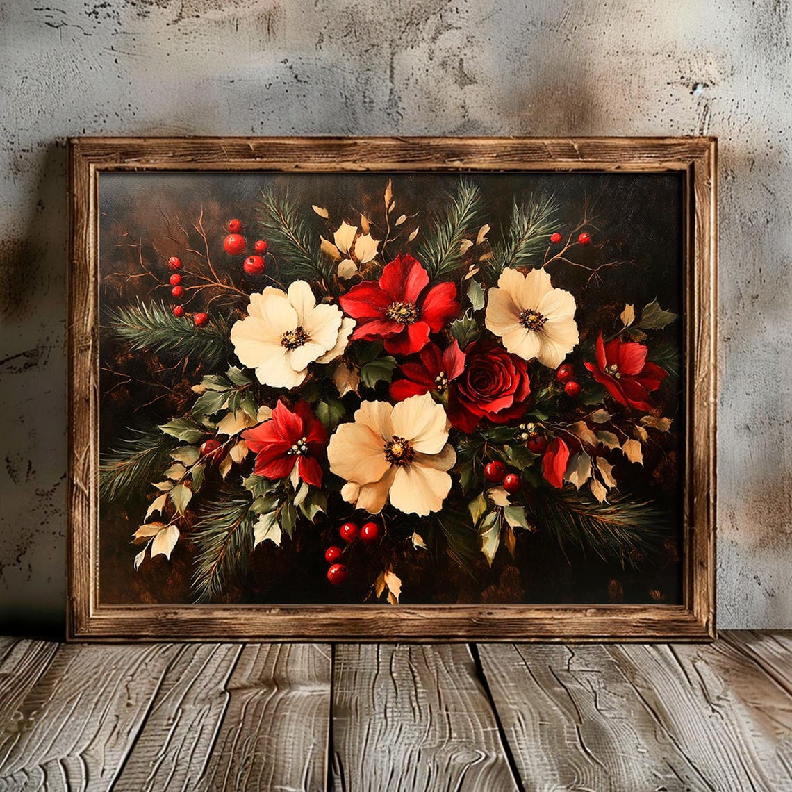 Christmas Red White Floral Bouquet Pine Berries Painting Poster - Image 5