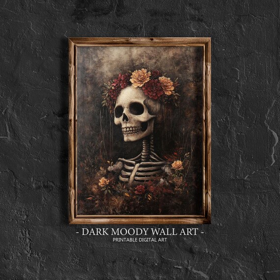 Skeleton Wearing Flower Crown Dark Romance Gothic Halloween Art Poster