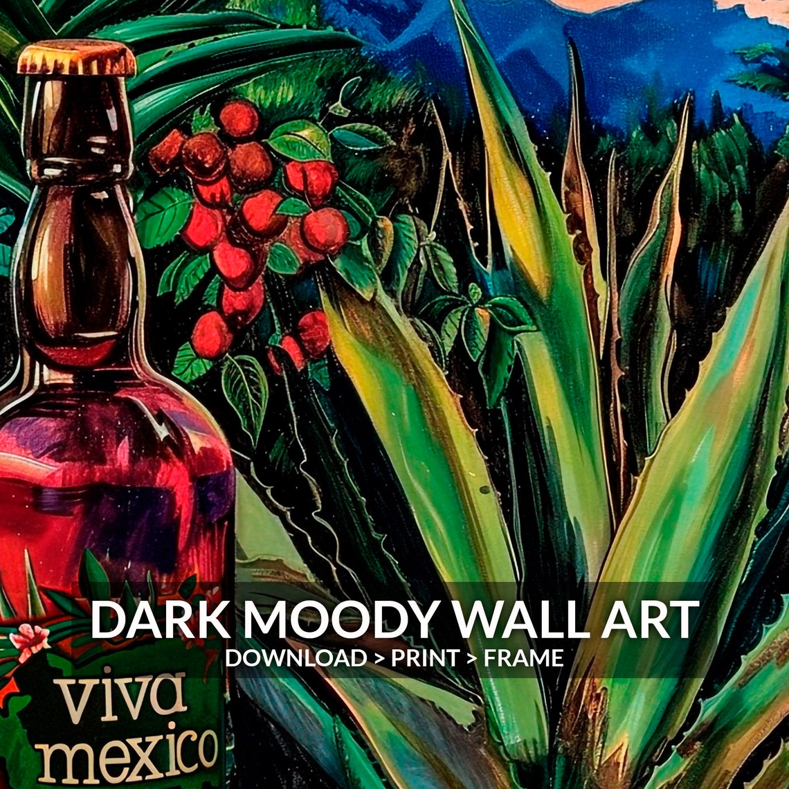 Viva Mexico Tequila Bottle Agave Field Sunset Colorful Art Poster - Image 5