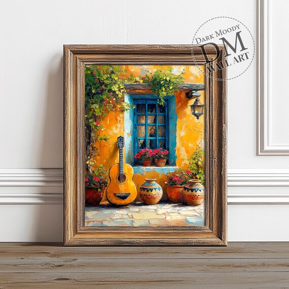 Spanish Courtyard Guitar Blue Window Geraniums Oil Painting Wall Art