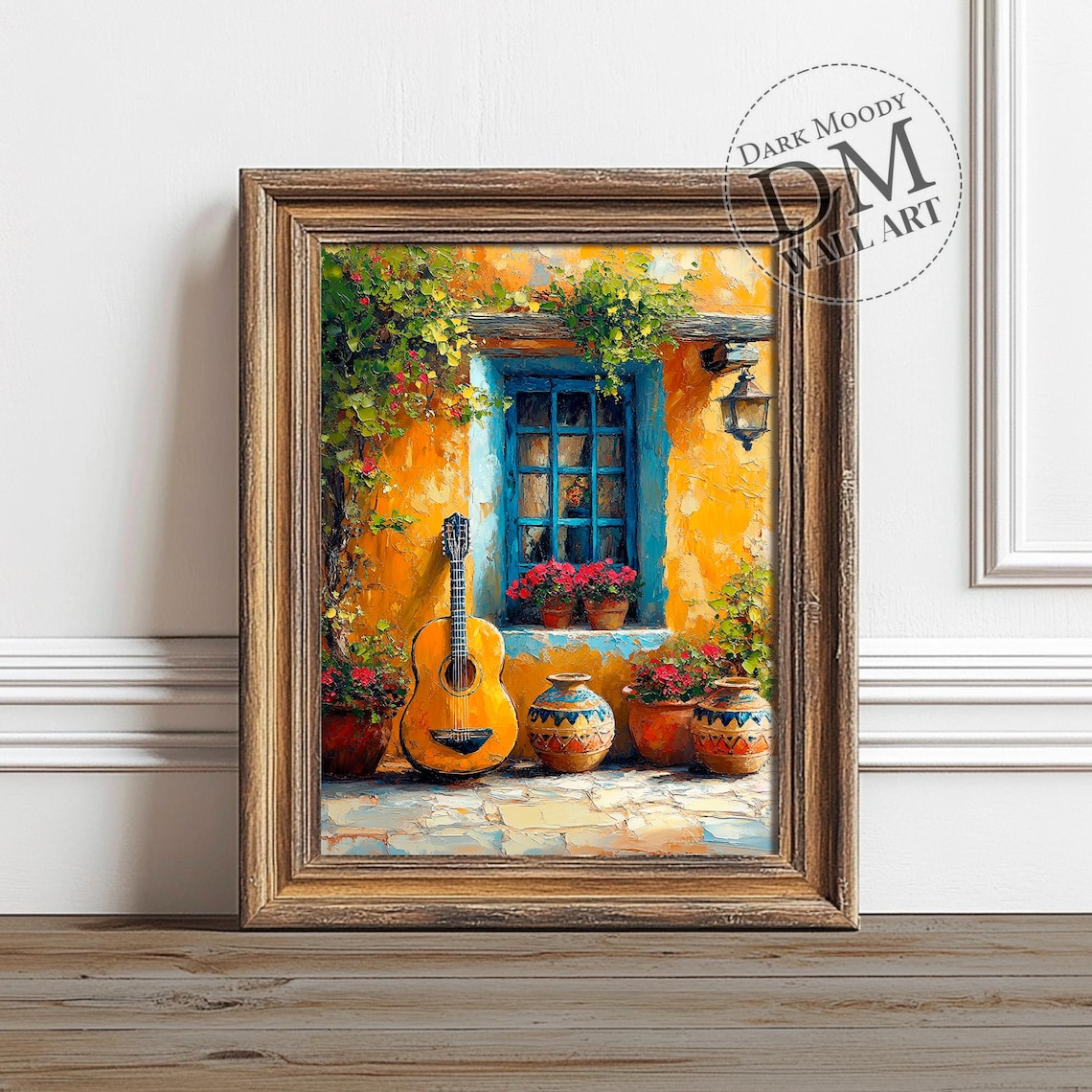 Spanish Courtyard Guitar Blue Window Geraniums Oil Painting Wall Art