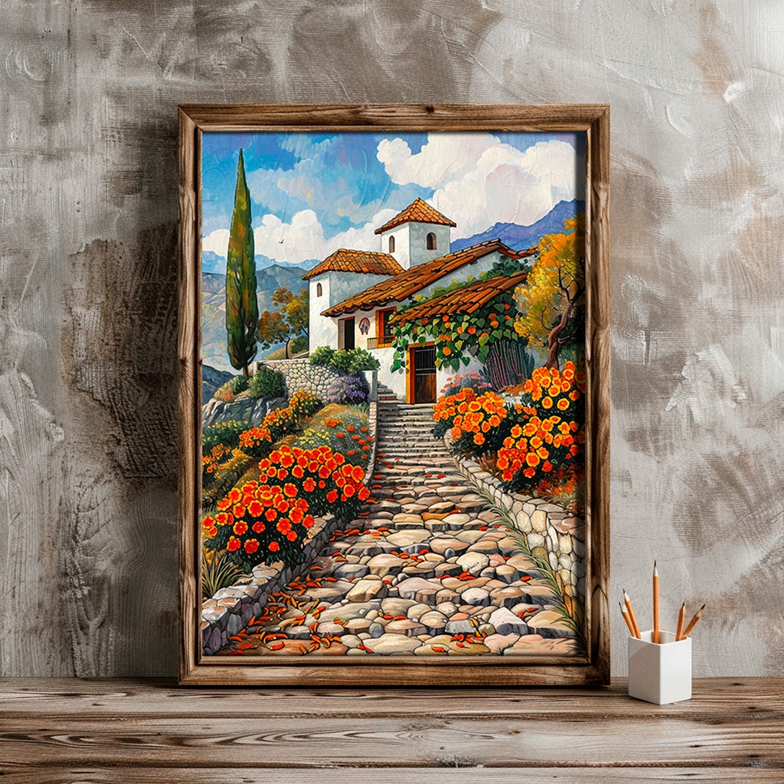 Mexican Hacienda Cobblestone Steps Orange Flowers Mountain Art Poster - Image 6