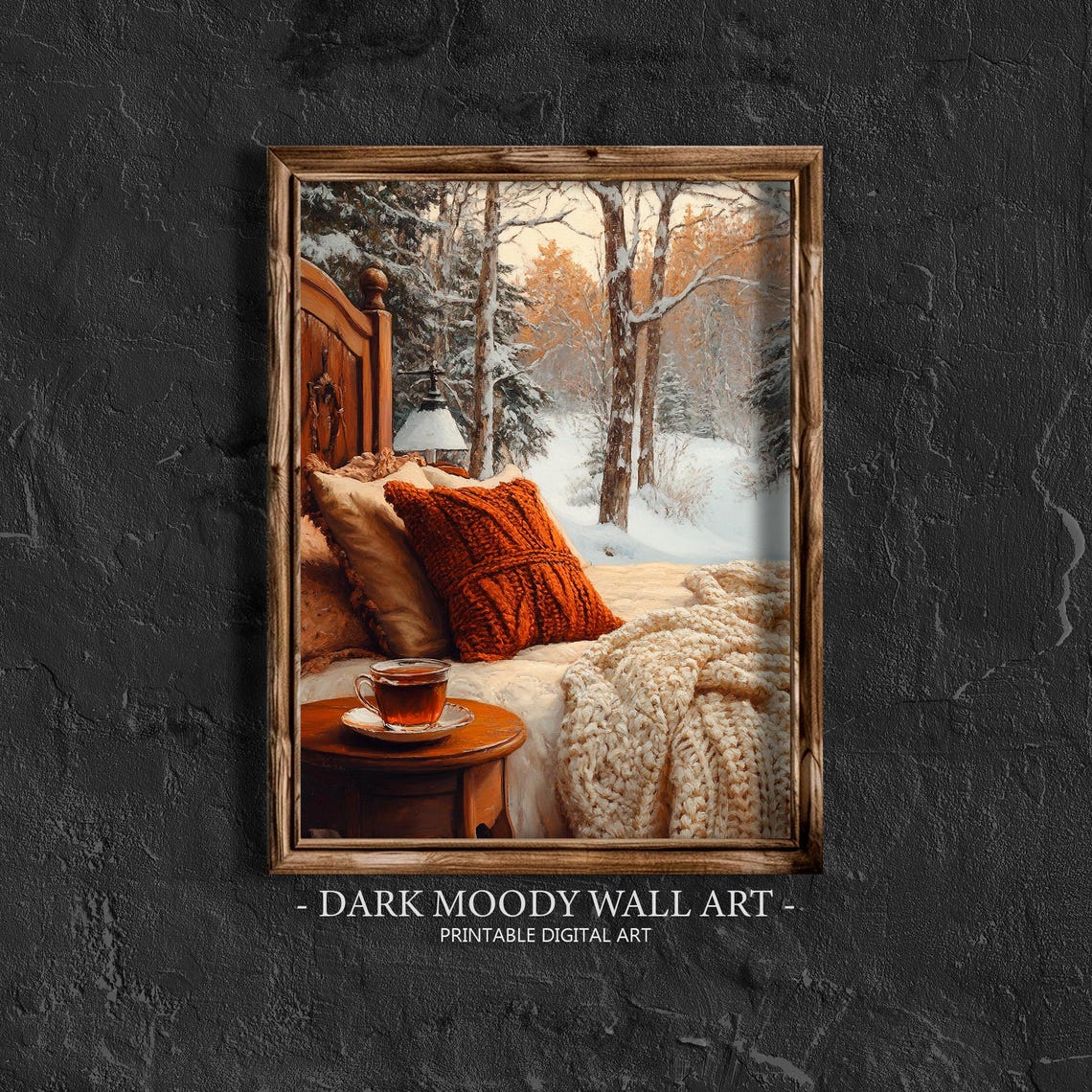Cozy Winter Bedroom Tea Cup Knit Pillows Snowy Forest View Poster