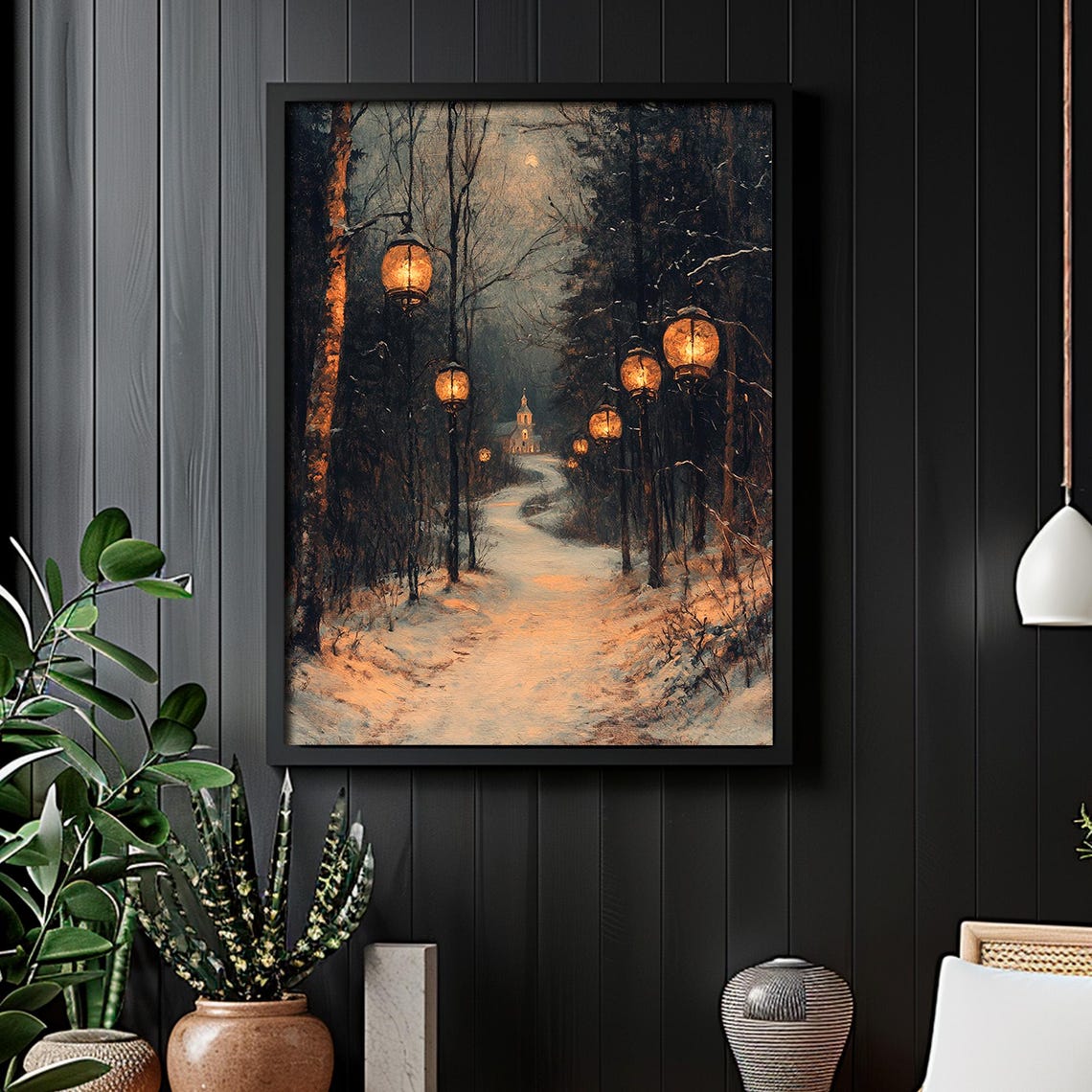 Lantern Lined Snowy Forest Path to Church Winter Night Poster - Image 5
