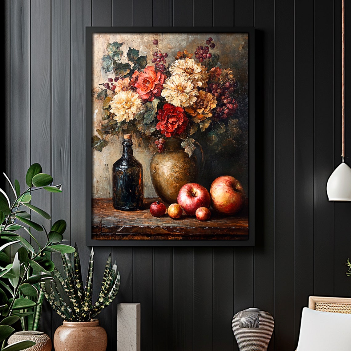 Dahlia Apple Rustic Still Life Dark Moody Kitchen Art Poster - Image 6
