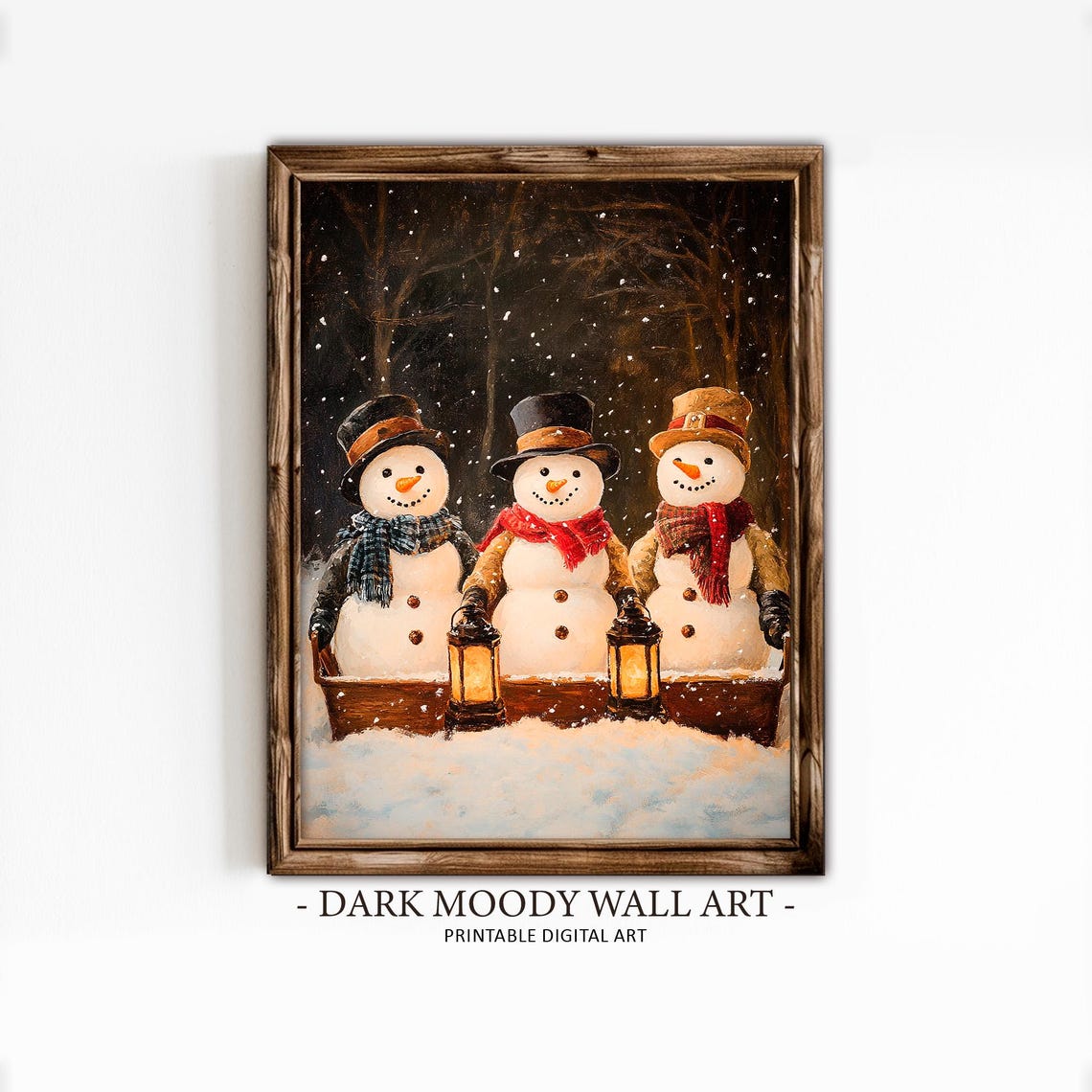 Three Snowmen Night Lanterns Snowfall Vintage Christmas Poster - Image 2