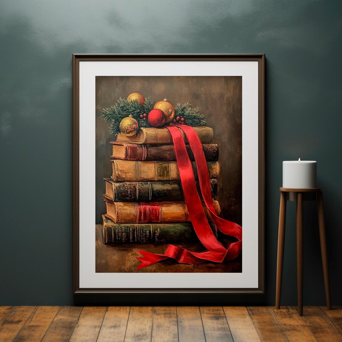 Vintage Books Red Ribbon Christmas Ornaments Pine Still Life Poster - Image 4