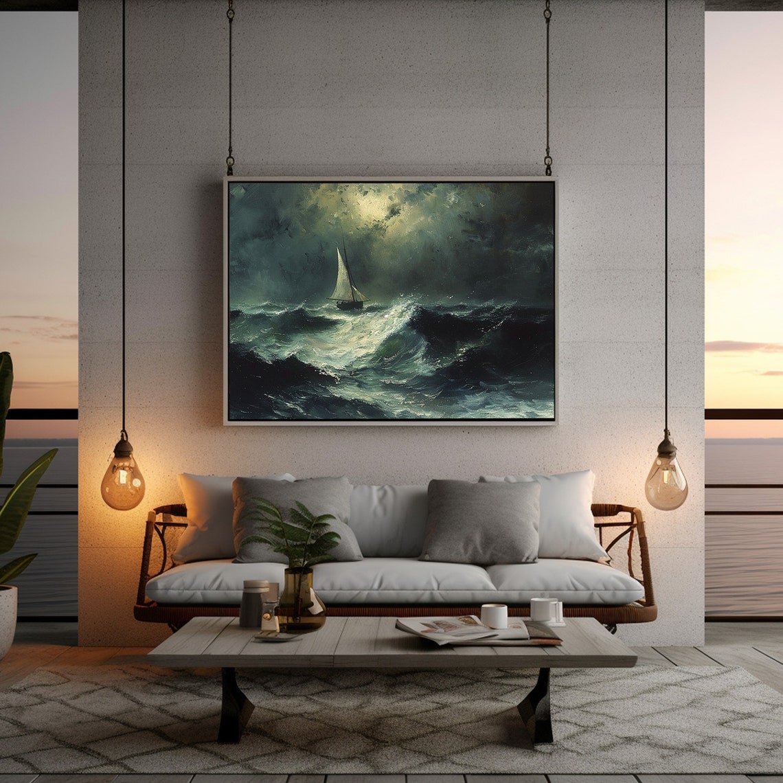 Sailboat in Stormy Night Sea Dramatic Waves Moody Ocean Poster - Image 2