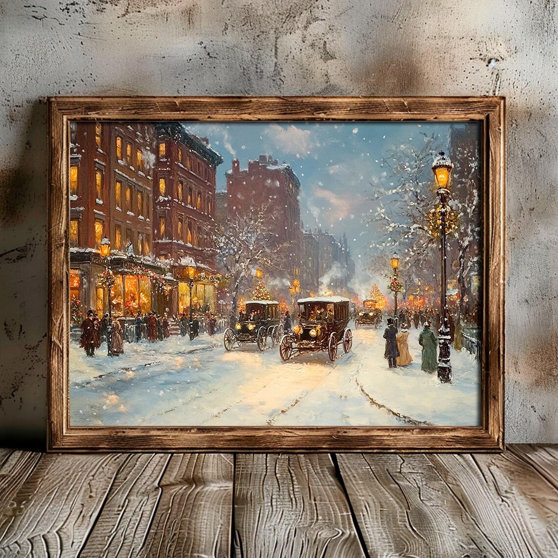 Vintage New York City Christmas Snowy Street Old Cars Wall Art - Image 5
