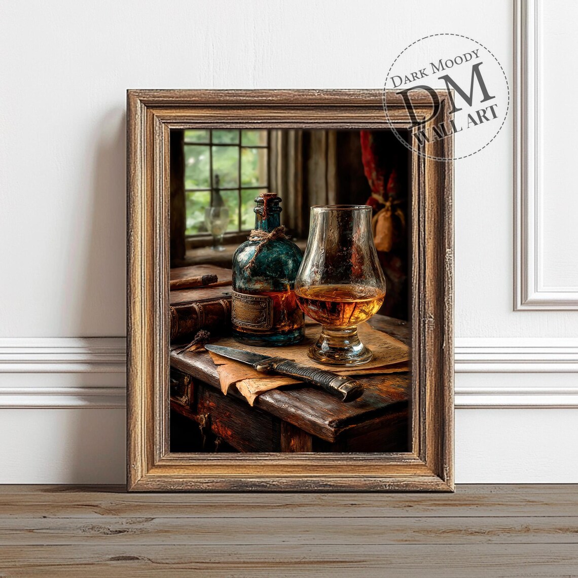 Vintage Whiskey Bottle Glass Still Life Moody Dark Academia Bar Poster