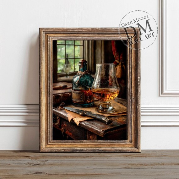 Masculine Whiskey Wall Art Vintage Dark Academia Bar Print
