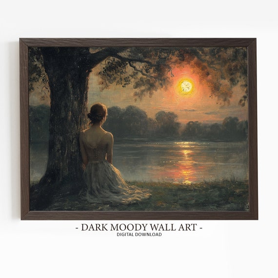 Antique Lake Sunset Print Woman On The Lake Art Moody Relaxing Wall Decor