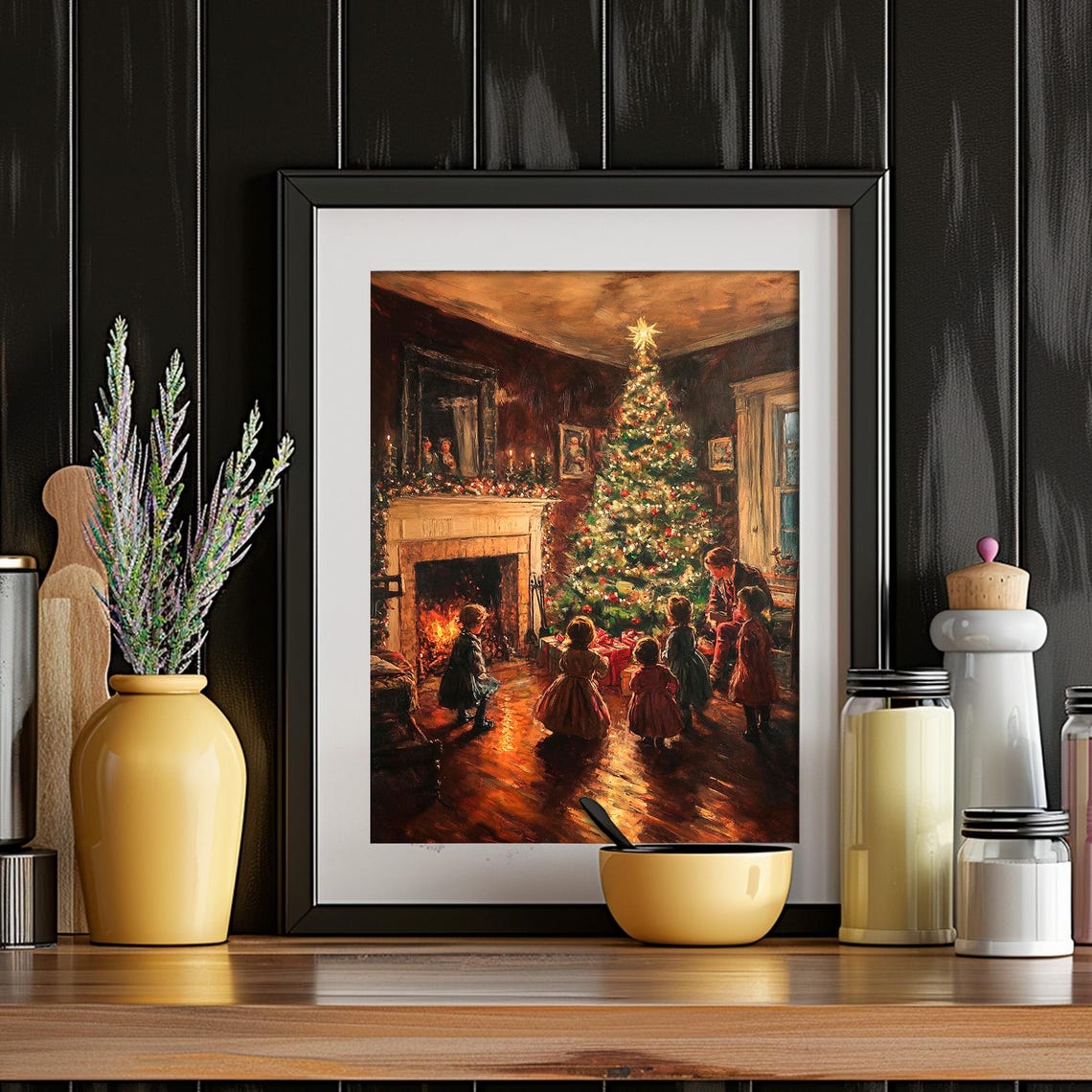 Family Around Christmas Tree Fireplace Warm Evening Scene Poster - Image 4