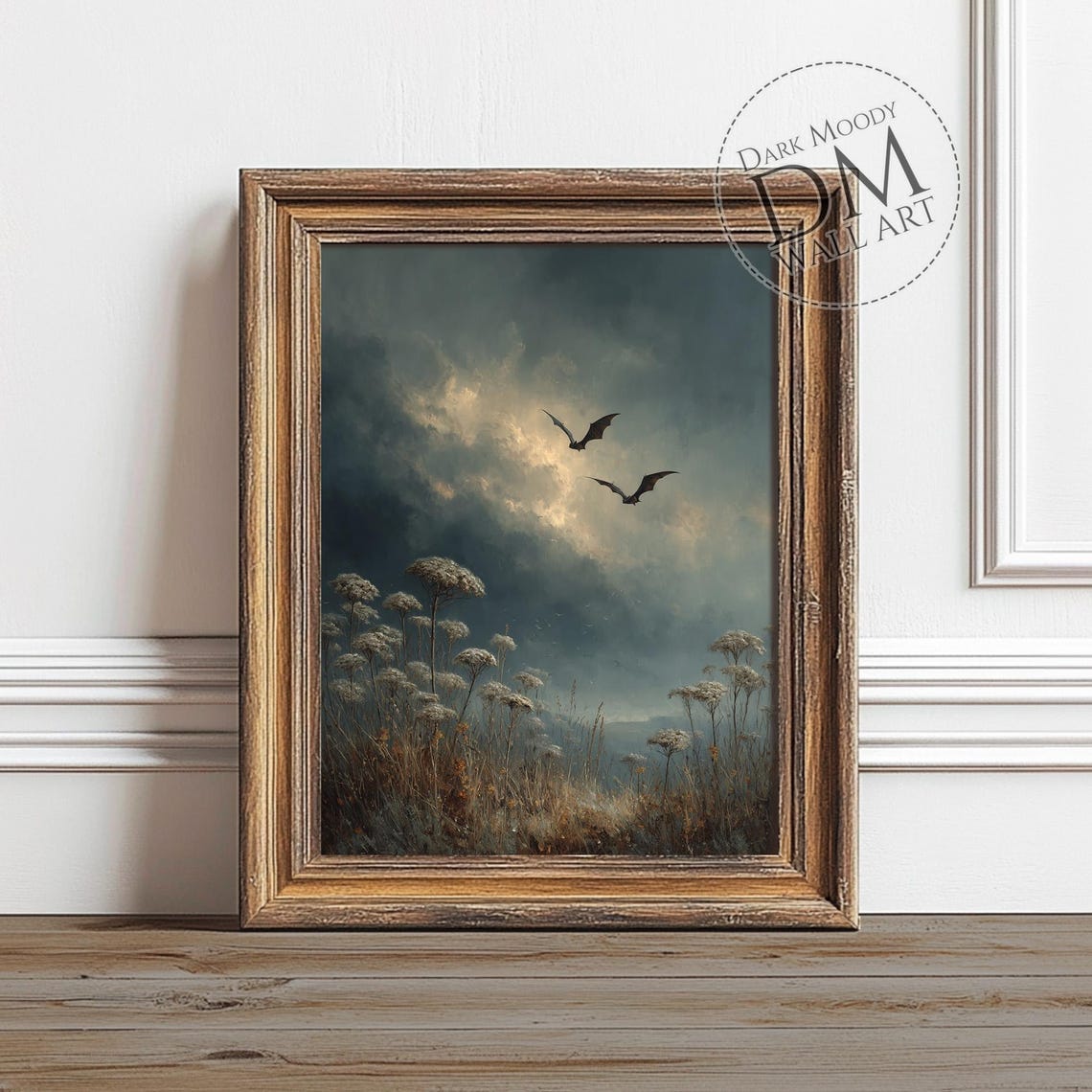 Two Bats Over Wildflower Field Stormy Sky Moody Halloween Wall Art