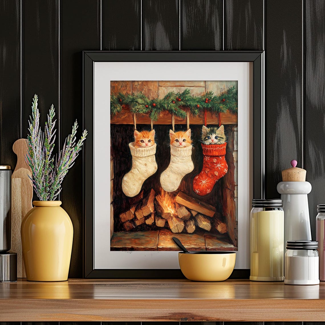 Three Kittens in Christmas Stockings Fireplace Holiday Poster - Image 6