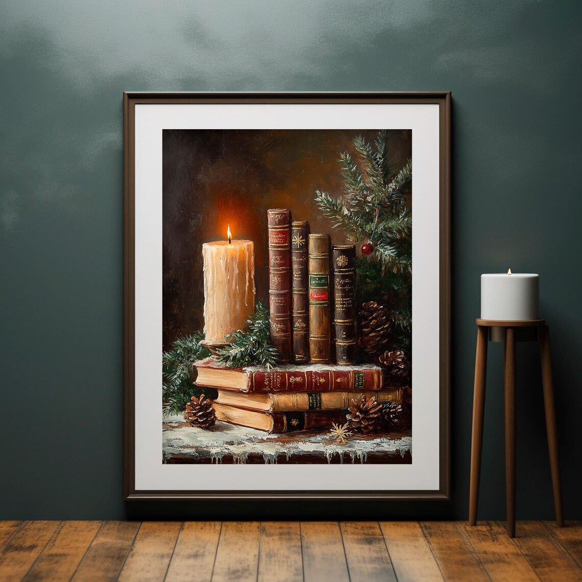 Christmas Book Stack With Candle, Vintage Art Print - Image 4
