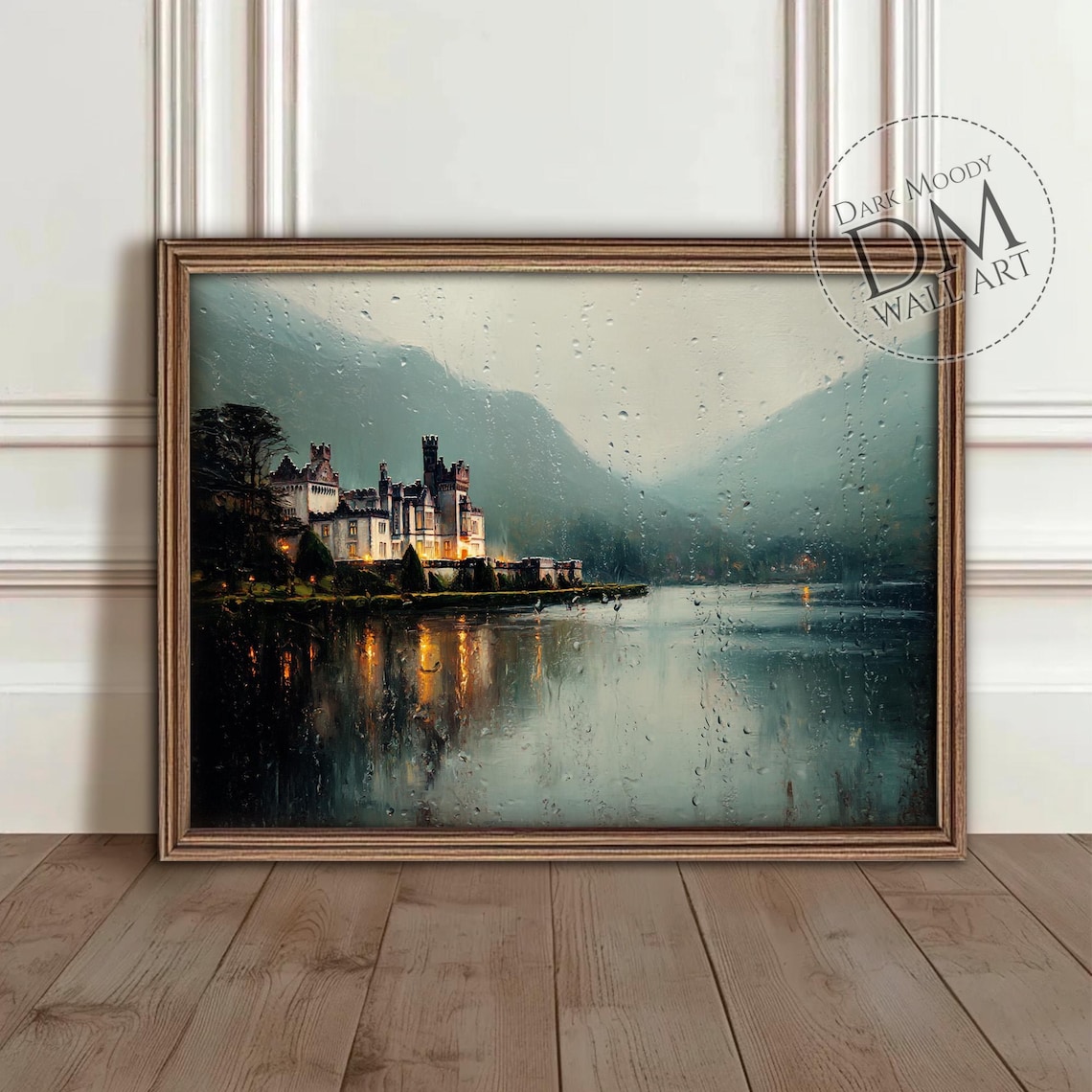 Irish Castle Lake, Moody Rainy Landscape Art Print