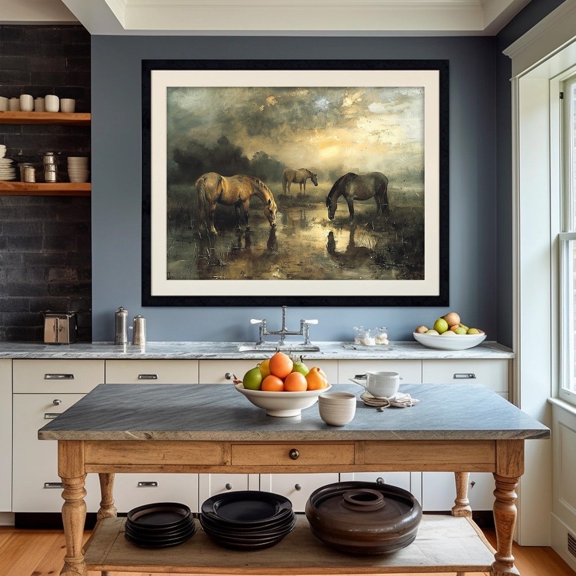 Horses Drinking Watering Hole Misty Golden Morning Painting Poster - Image 4