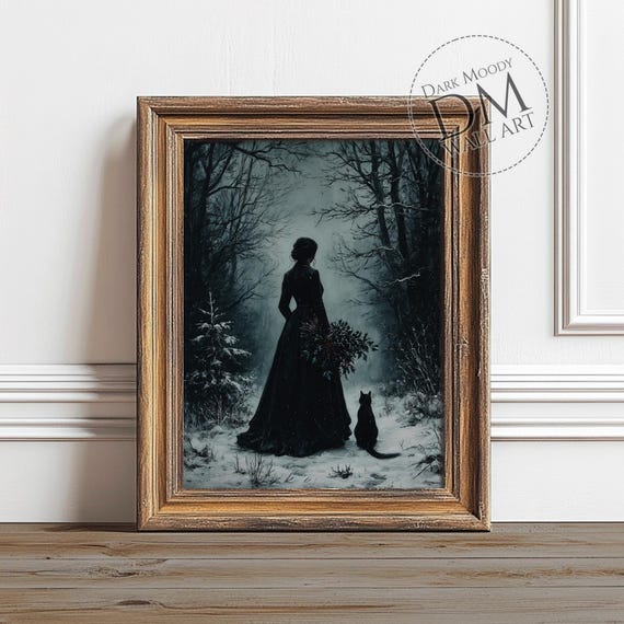 Gothic Woman Dark Winter Forest Cat Art Print