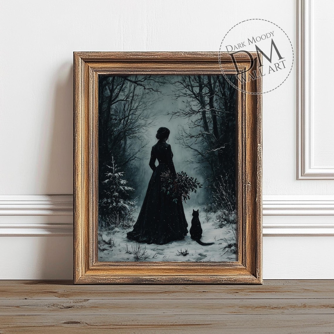 Gothic Woman Dark Winter Forest Cat Art Print