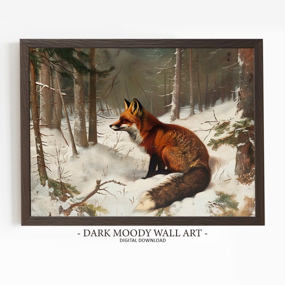 Vintage Fox Wall Art Animal Painting Farmhouse Wall Decor Moody Wall Decor Rustic Print