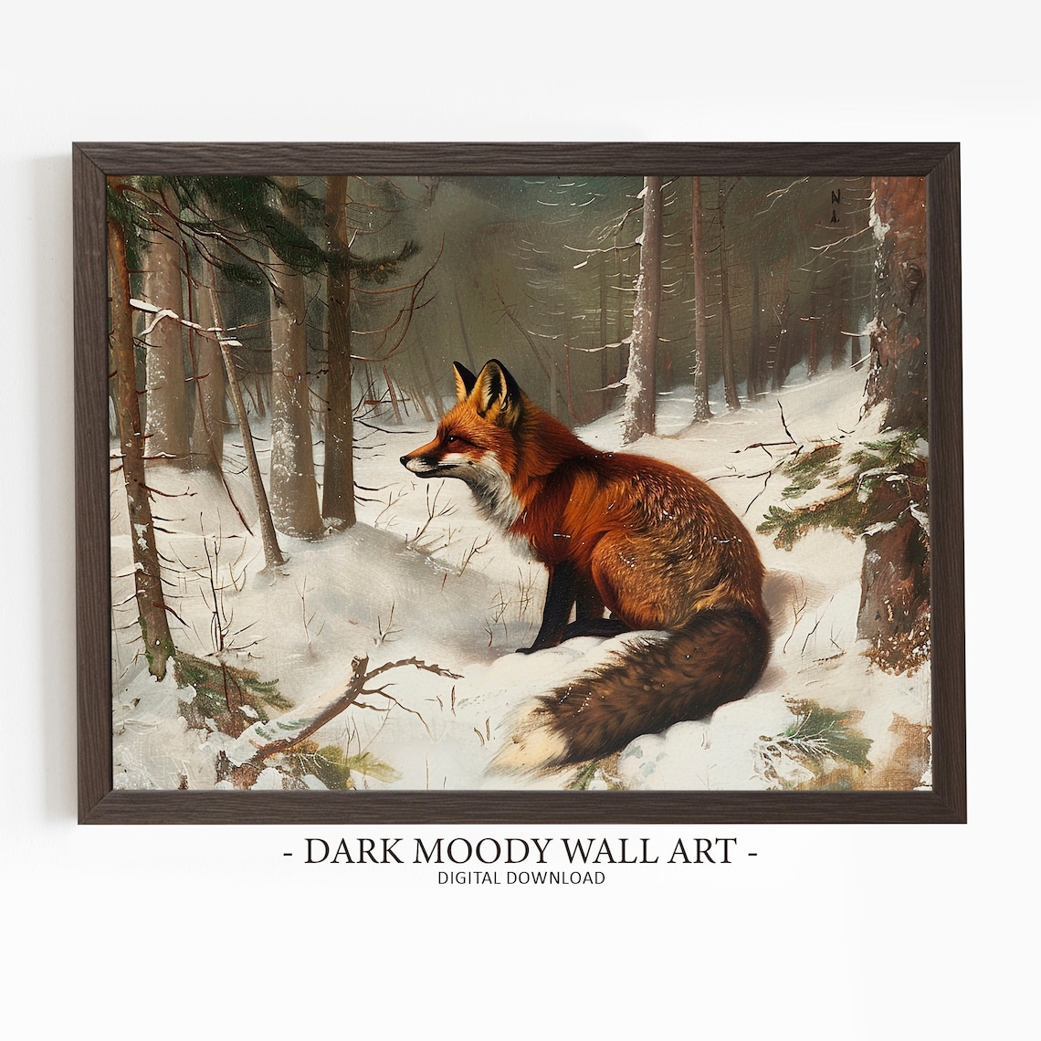 Red Fox Resting In Snowy Forest Winter Wildlife Oil Painting Poster