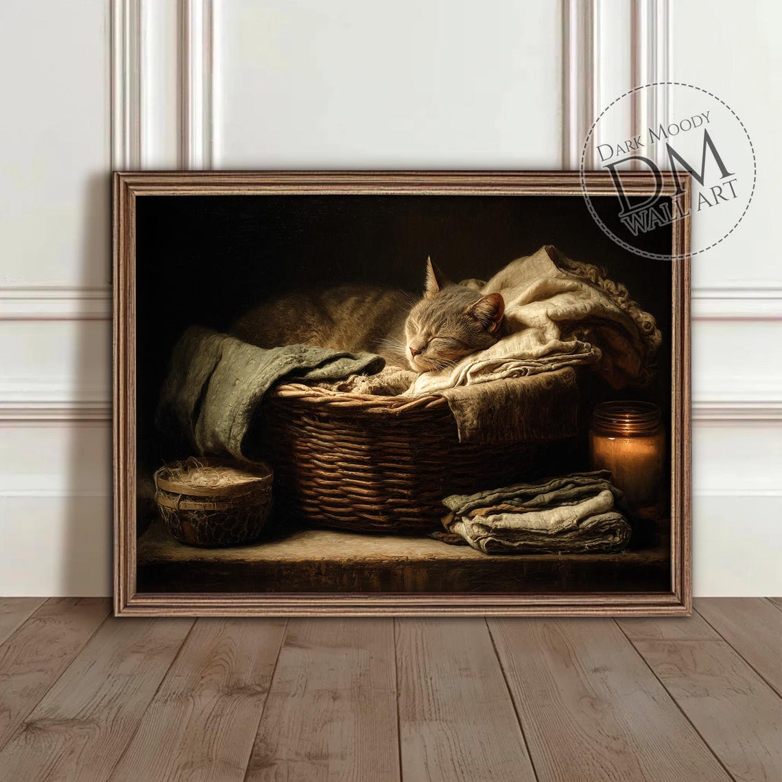 Sleeping Cat in Laundry Basket Dark Moody Vintage Cat Poster