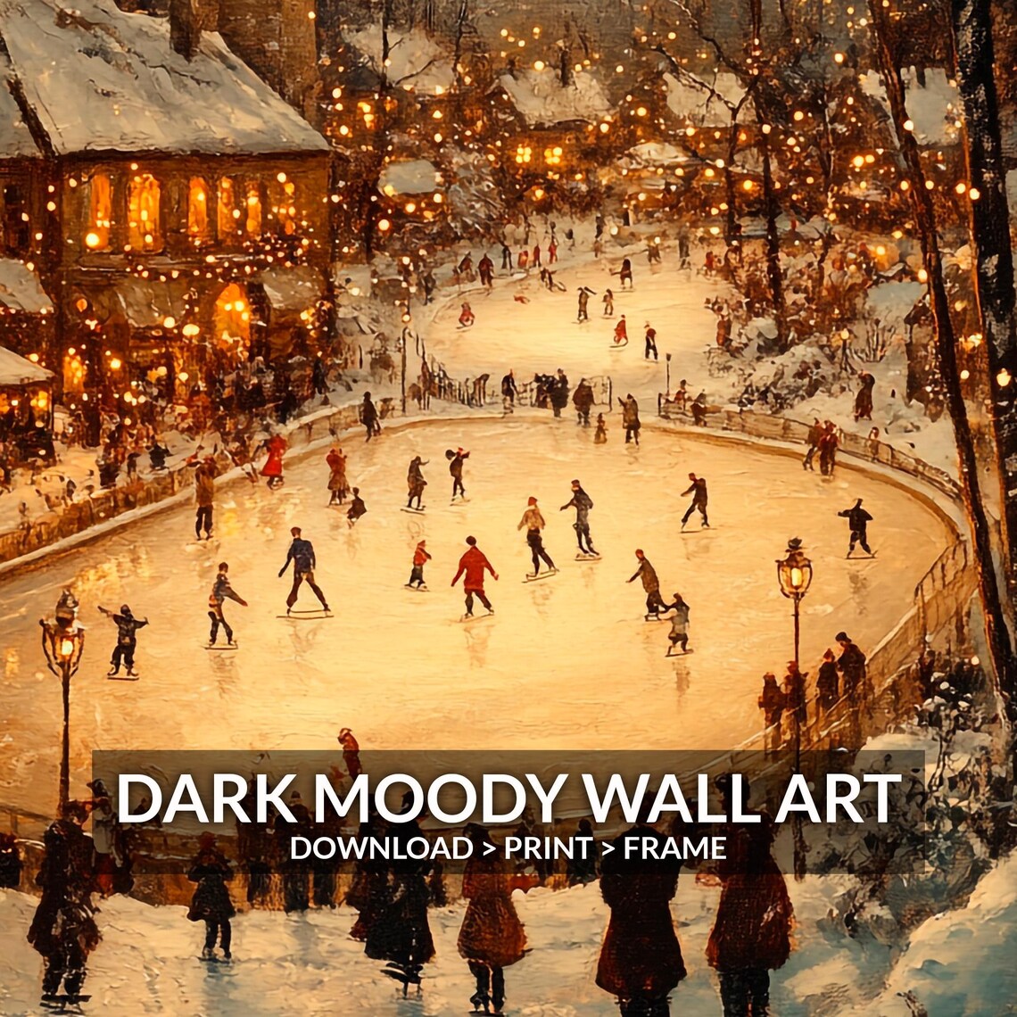 Village Ice Rink Skaters Dusk Crowds Winter Vintage Painting Poster - Image 5
