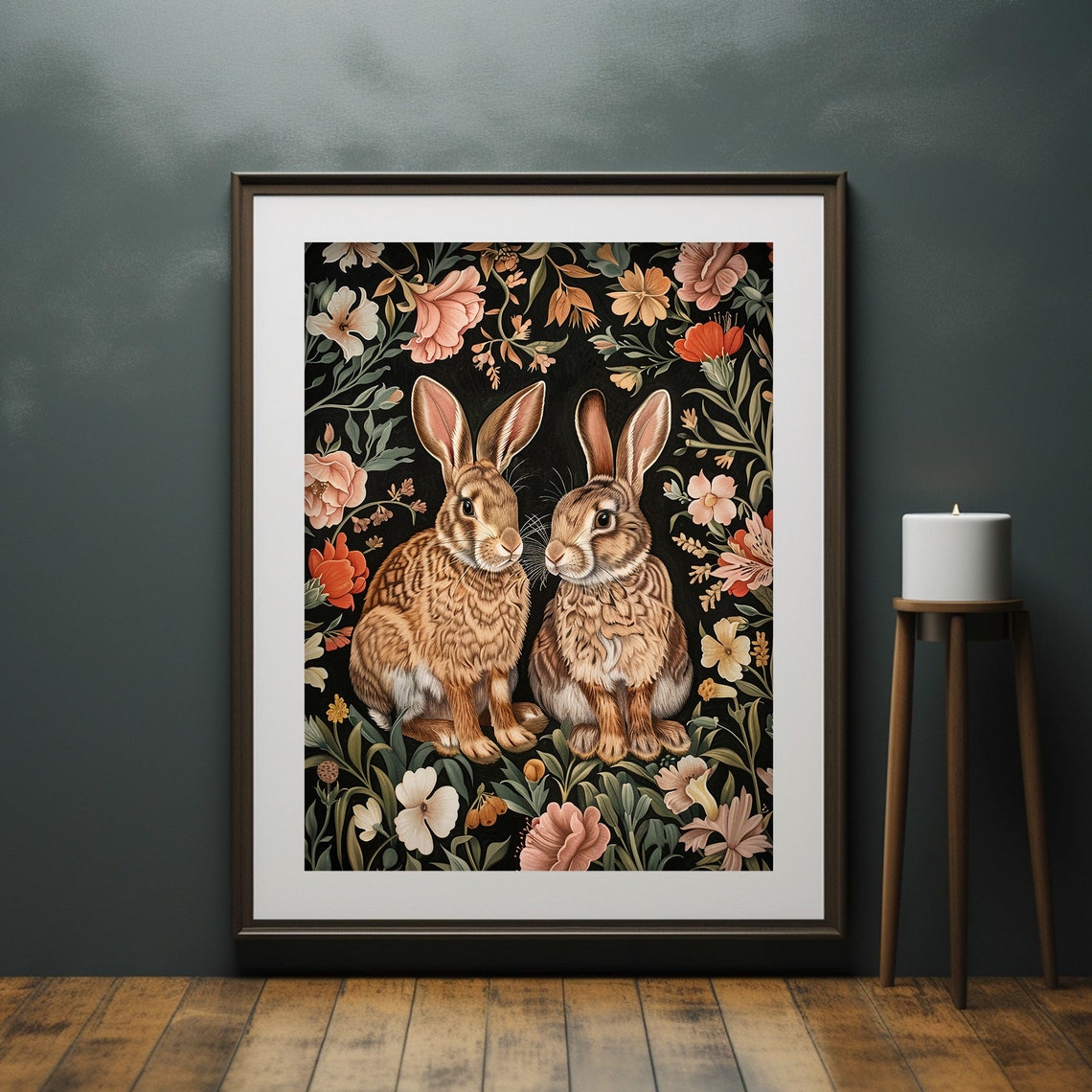 Two Bunny Rabbits Floral Vintage Style Dark Garden Painting Poster - Image 6