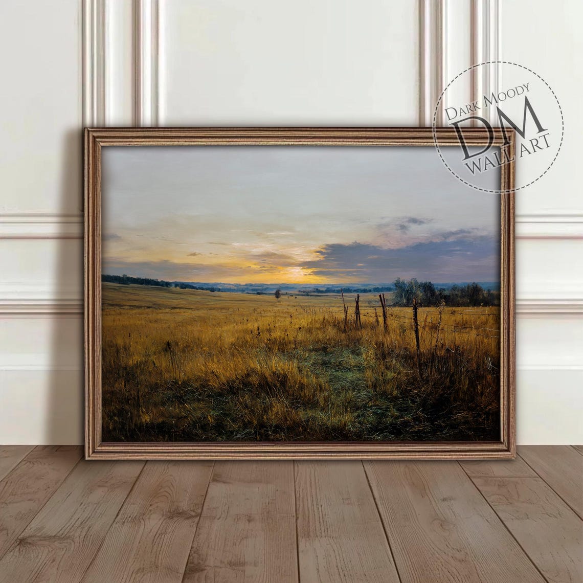 Golden Grass Field Rustic Fence Sunset Warm Countryside Wall Art