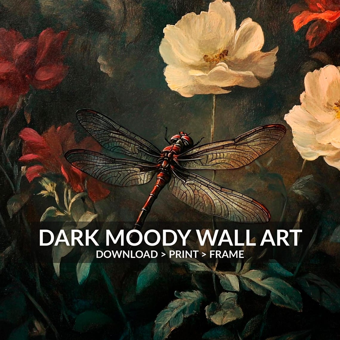 Vintage Dragonfly Resting Among Dark Garden Flowers Moody Wall Art - Image 6