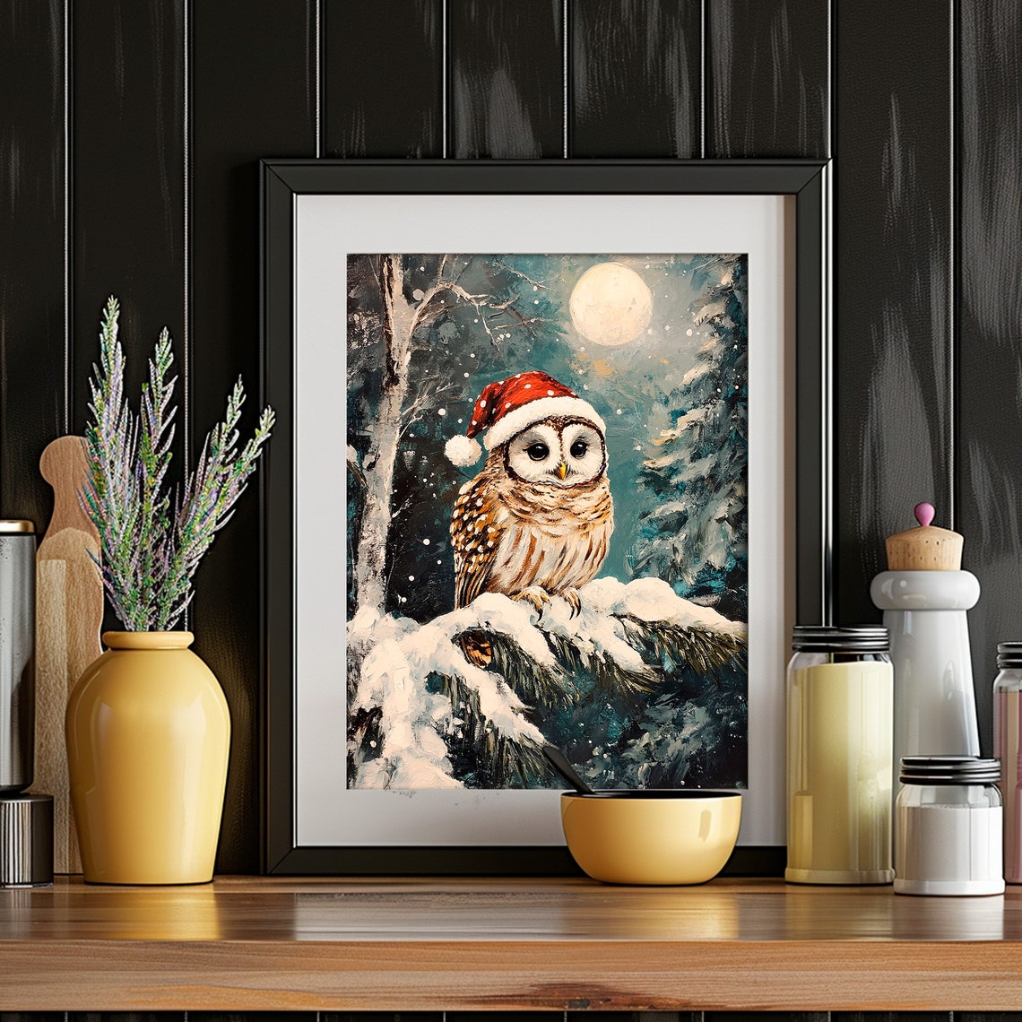 Christmas Owl Santa Hat Snowy Moonlit Forest Bird Painting Poster - Image 4