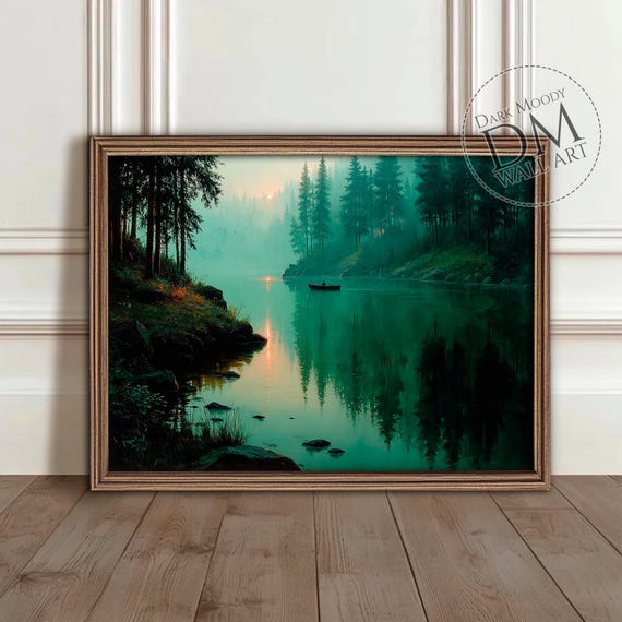 Scandinavian Forest Lake Wall Art Moody Nordic Landscape Print