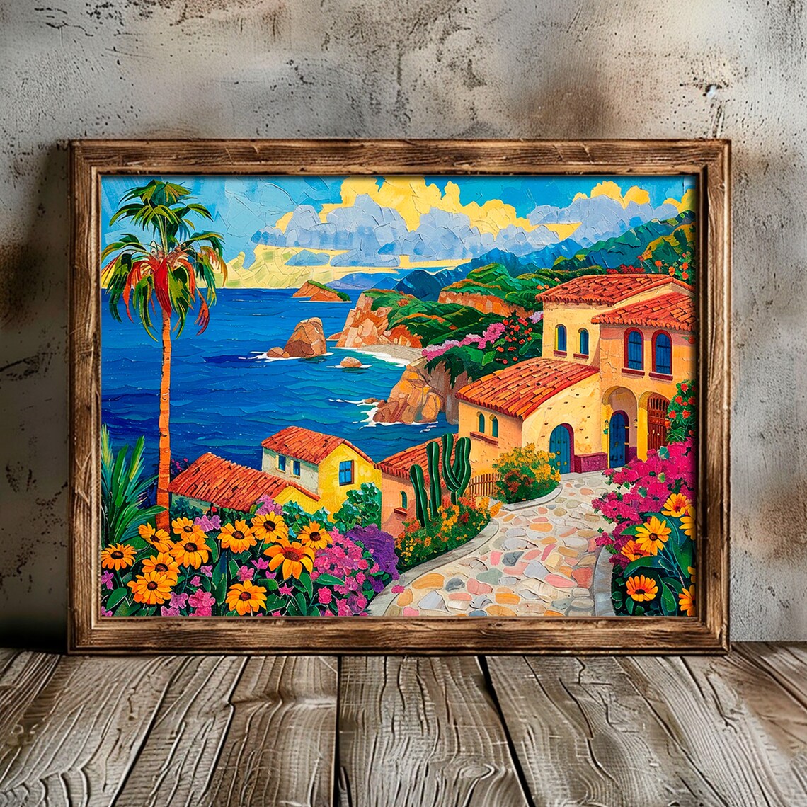 Mexican Coastal Village Palm Trees Terracotta Houses Beach Art Print - Image 4