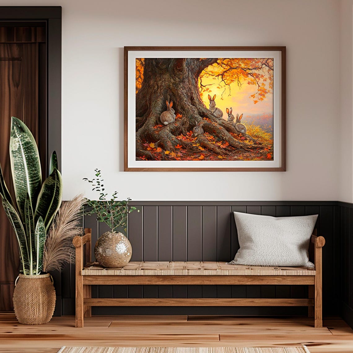 Fall Prints Bunny Rabbits Under Tree Rustic Autumn Landscape Painting Moody Fall Wall Art Autumn Thanksgiving Decor Hare Art - Image 4