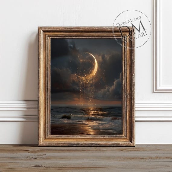 Crescent Moon Ocean Art Print, Moody Celestial Seascape