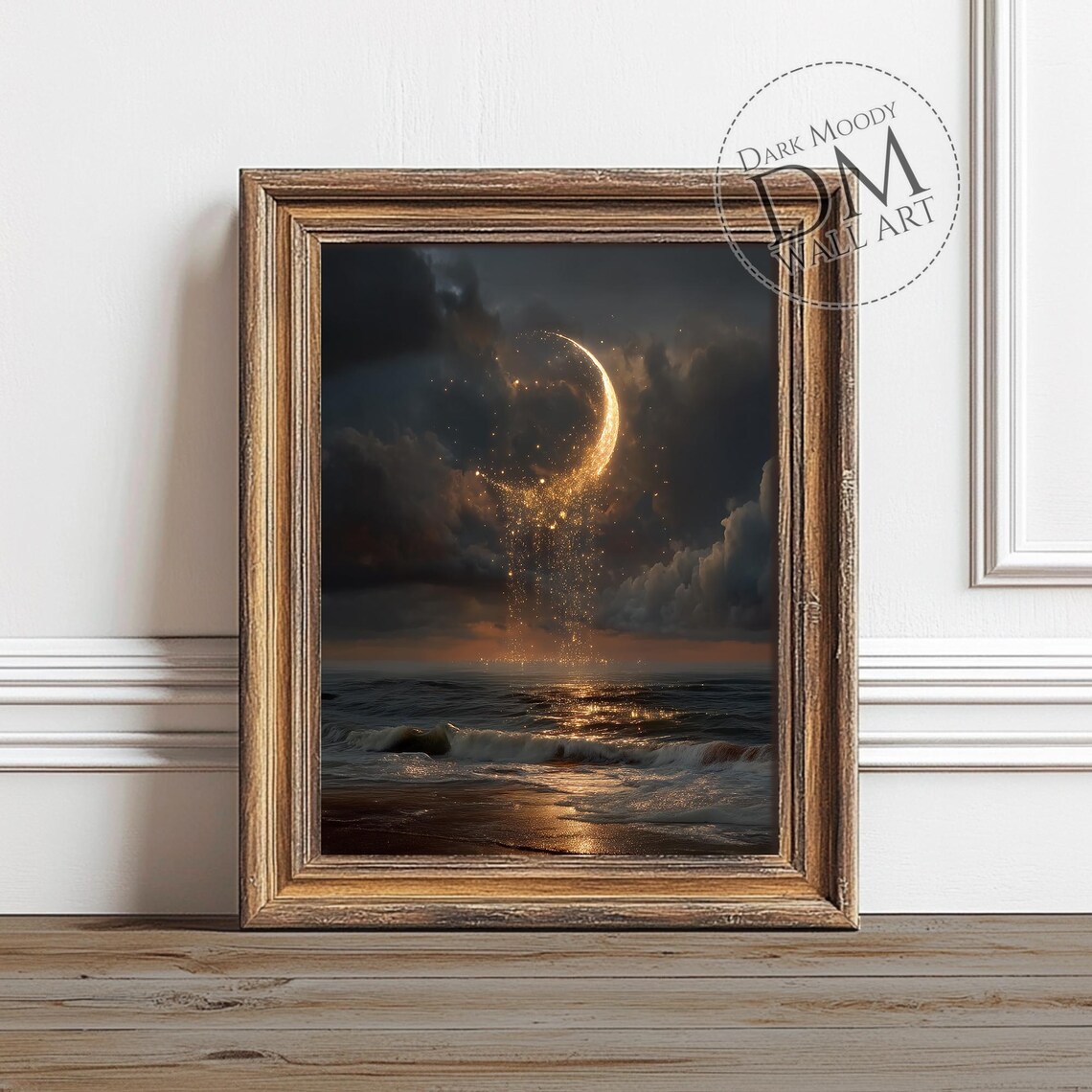 Crescent Moon Ocean Art Print, Moody Celestial Seascape