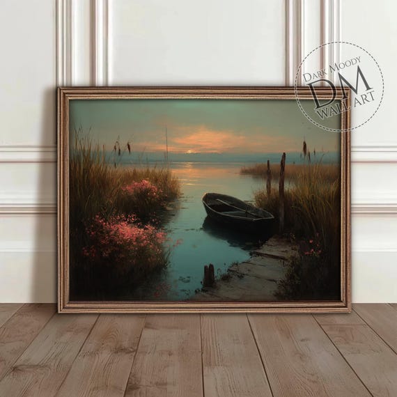 Mountain Lake Landscape Wall Art Rustic Boat Wildflowers Scene