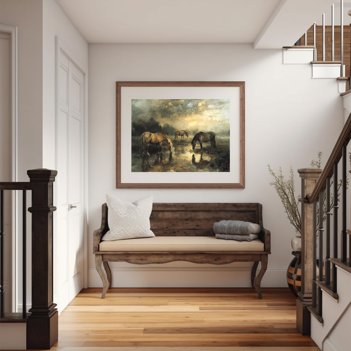 Horses Drinking Watering Hole Misty Golden Morning Painting Poster - Image 5