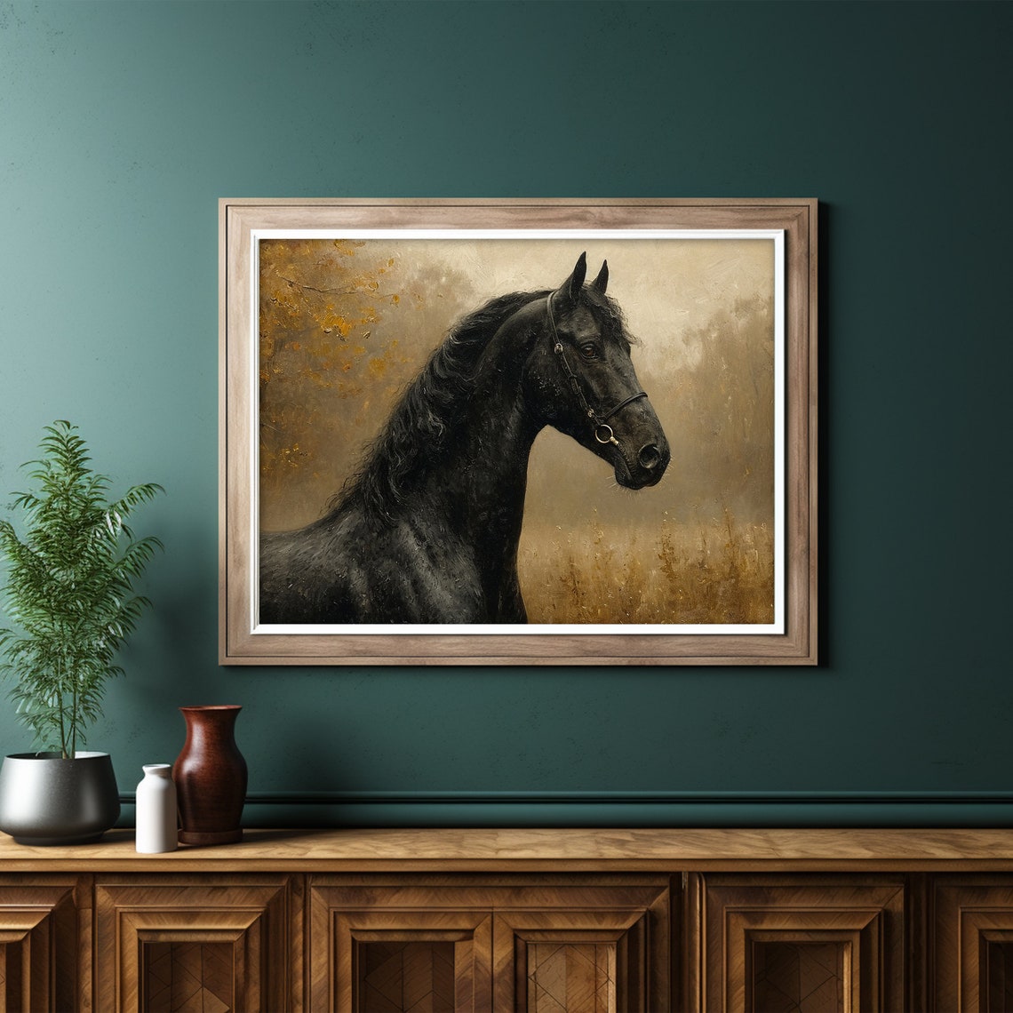 Black Horse Portrait Golden Autumn Moody Equestrian Painting Poster - Image 6